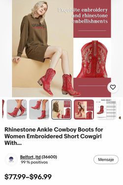 Botas de tobillo con tachuelas vaqueras para mujer, bordadas, cortas, con tacón bajo, cremallera lateral, cómodas, con tacón grueso