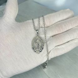925 Sterling Silver Virgin Mary Pendant Religious Rope Chain Set 