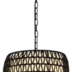 Black Pendant Lights Kitchen Island 3-Light Boho Drum Rattan Chandelier with Fabric Shade, Rustic Farmhouse Chandeliers for Dining Room Light Fixtures