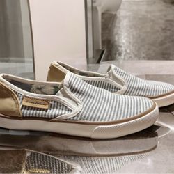 Tommy Bahama Slip On Shoes Womens 7.5 Gray White Striped Canvas Casual