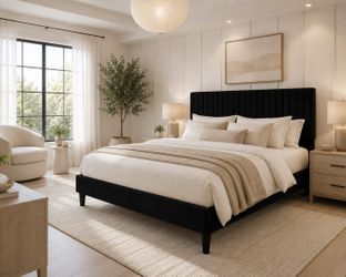 Full bed Velvet Bed Frame, Tufted Wingback Headboard, Black
47'' Modern Vertical Channel Headboard, Upholstered Platform Bed, Wood Slats, No Box Sprin