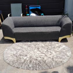 Modern Tweed Sofa, Faux Fur Plush Round Rug, 4 Accent Pillows