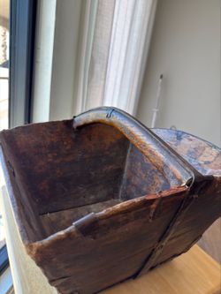 Antique Chinese Wooden Rice Bucket Grain Carrier - Iron Bands & Customs Wax Seal