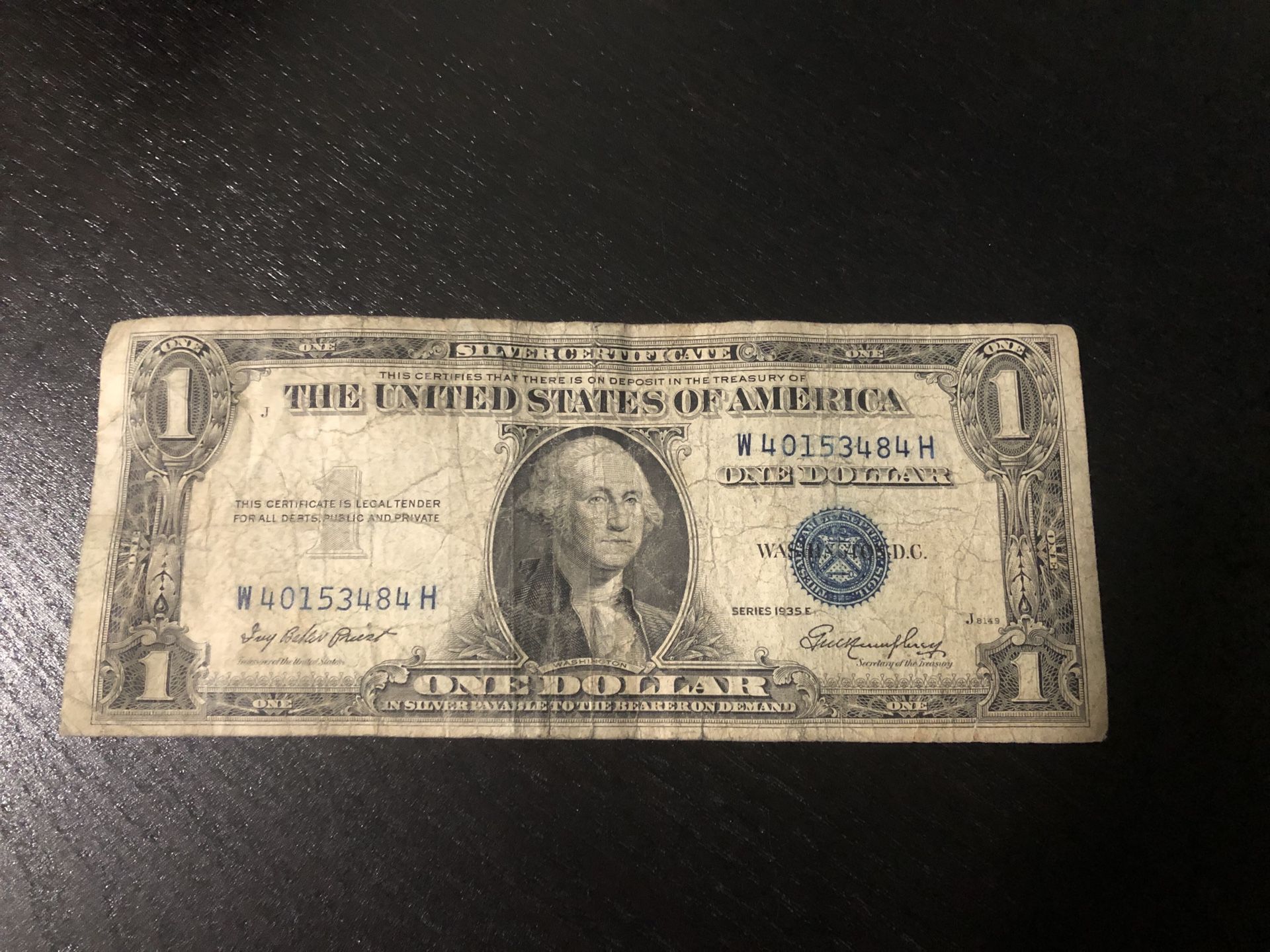 1935 one dollar bill silver certificate blue seal very rare