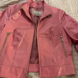 Fitted Pink Lady’s Leather Motorcycle Jacket Waist Cut Size M 