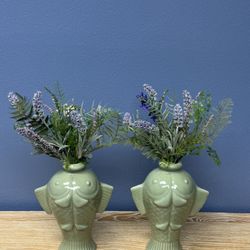 Set Of 2 Adorable Fish Vases With Flowers 