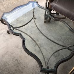 Custom Made Coffee Table With Antique Finish Thick Recessed Glass