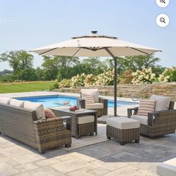 Better Homes & Gardens 12' x 11' 8-Rib Gray Octagonal Outdoor Patio Umbrella and Weighted Base