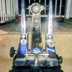 Park Tool TS-2 Professional Wheel Truing Stand mounted on a Park Tool TS-2 Professional Wheeling Truing Stand & TSB-2.2 Tilting Truing Stand Base.  