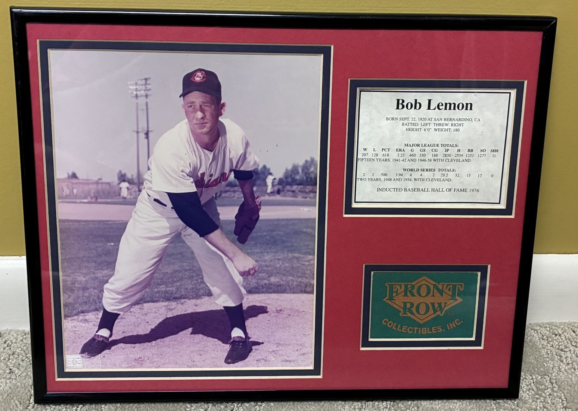 Framed and Matted Bob Lemon Cleveland Indians Photo and Career Stats