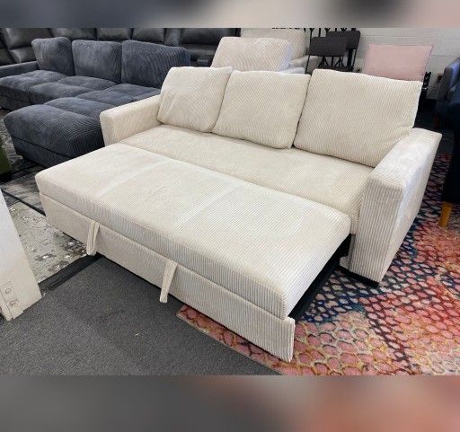 Beige corduroy sleeper sofa with pull out bed 
