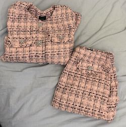 Wild Fable pink and black plaid tweed jacket and skirt set