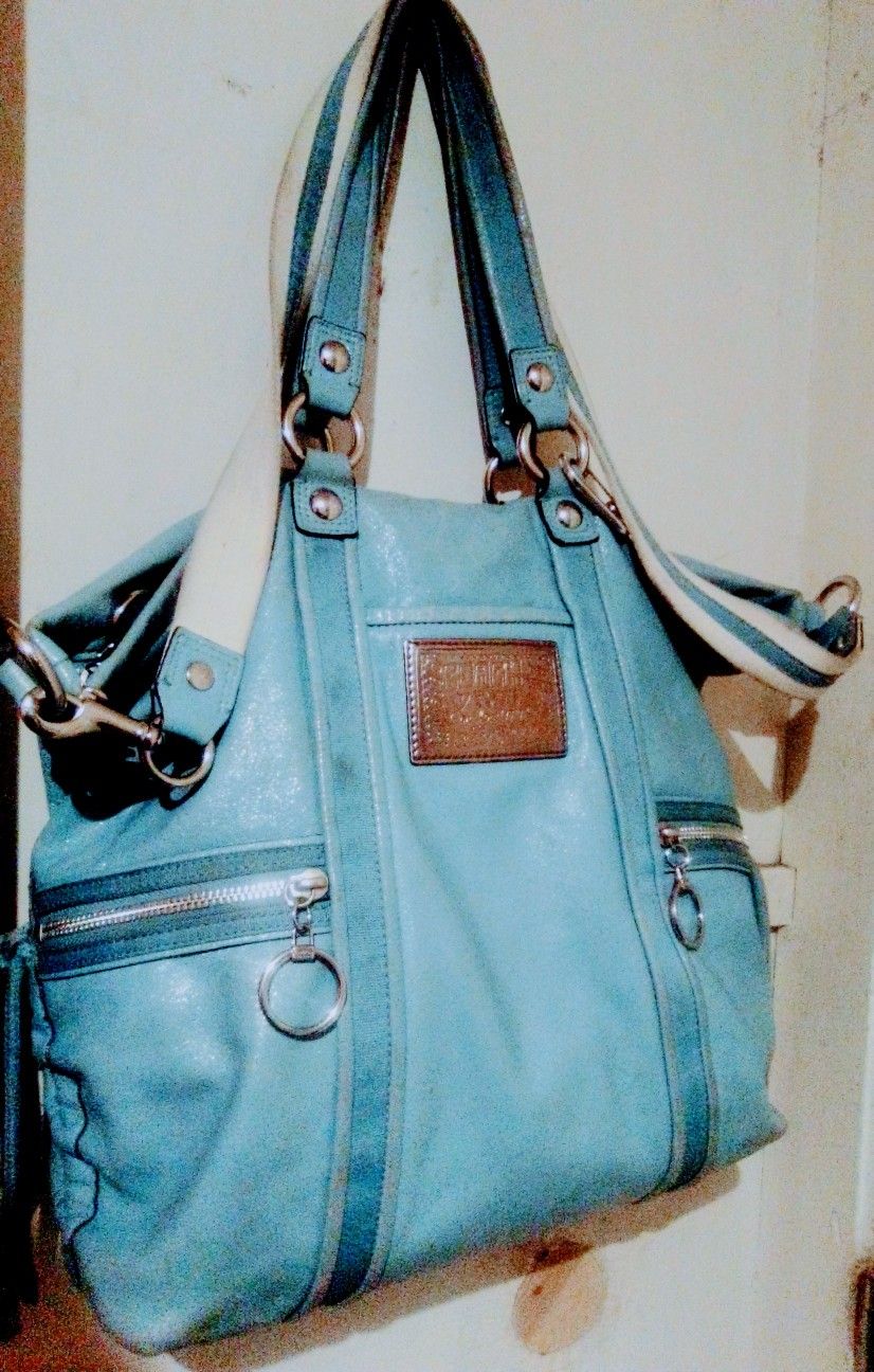 LARGE COACH POPPY SATCHEL RARE BLUE 2WAY SHOULDER STRAP PURSE HANDBAG TOTE