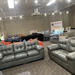 Gray Tufted Leather Sofa Set 