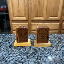 Vintage Wooden Pair Of Salt And Pepper Shakers “Here Lies Pa, Here Lies Ma”.  Preowned 