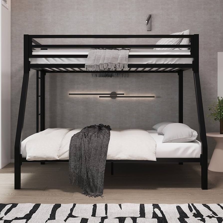 Metal Bunk Bed Twin Over Full Size for Junior & Adults with Ladder and Heavy Duty Guardrail