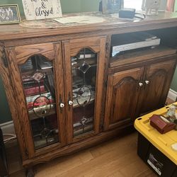Solid Oak Cabinet / Sideboard – Leaded Glass Doors, Real Wood 