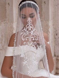 1pc Vintage Lace Embroidered Veil Headband Bridal Veil, Pearl And Sequin Trim Short Wedding Headpiece, Bridal Wedding And Photo Accessory