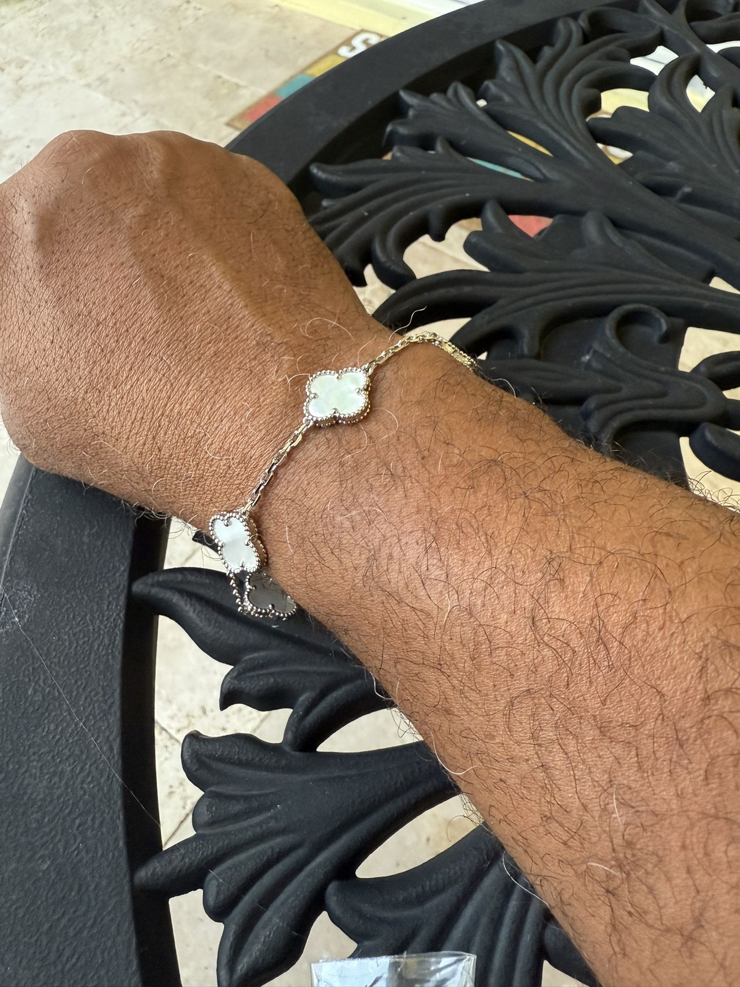 Ladies Van Cleef White Gold Plated & Mother Of Pearl Clover Bracelet