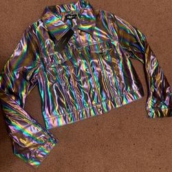 New Medium holographic metallic rainbow rave festival short jacket coat evening