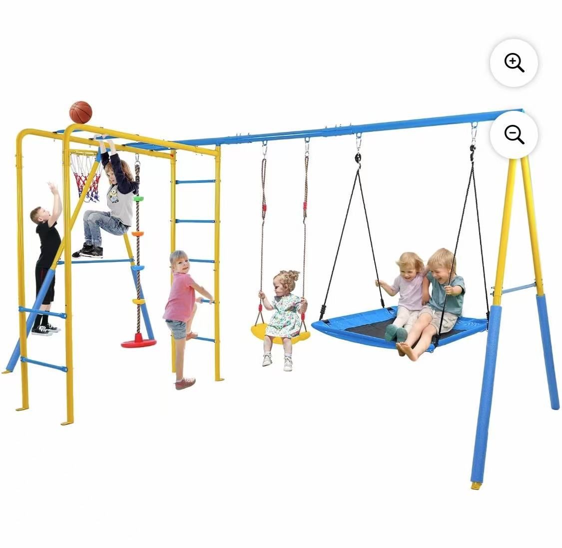 6 in 1 Swing Sets with Monkey Bars,3 Swing,Climbing Frame,Basketball Hoop, Heavy Duty A-Frame Metal Swing Stand for Backyard and Playground