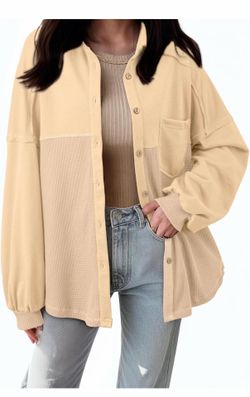 XL: Womens Waffle Knit Shackets Fall Fashion Button Down Shirt Jacket Loose Long Sleeve Tops With Pocket