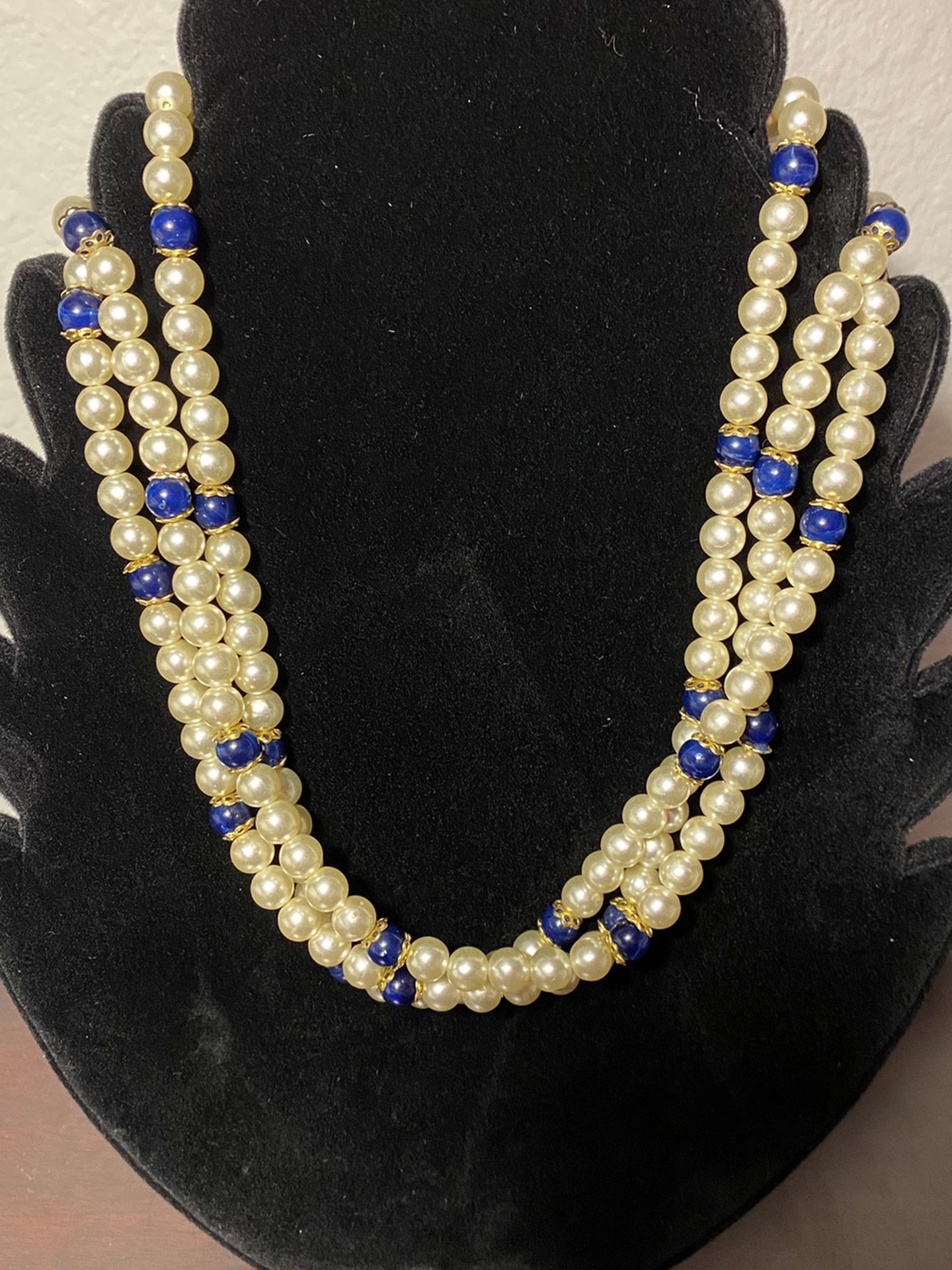 3 Strand Beaded Pearl And Blue Necklace Vintage