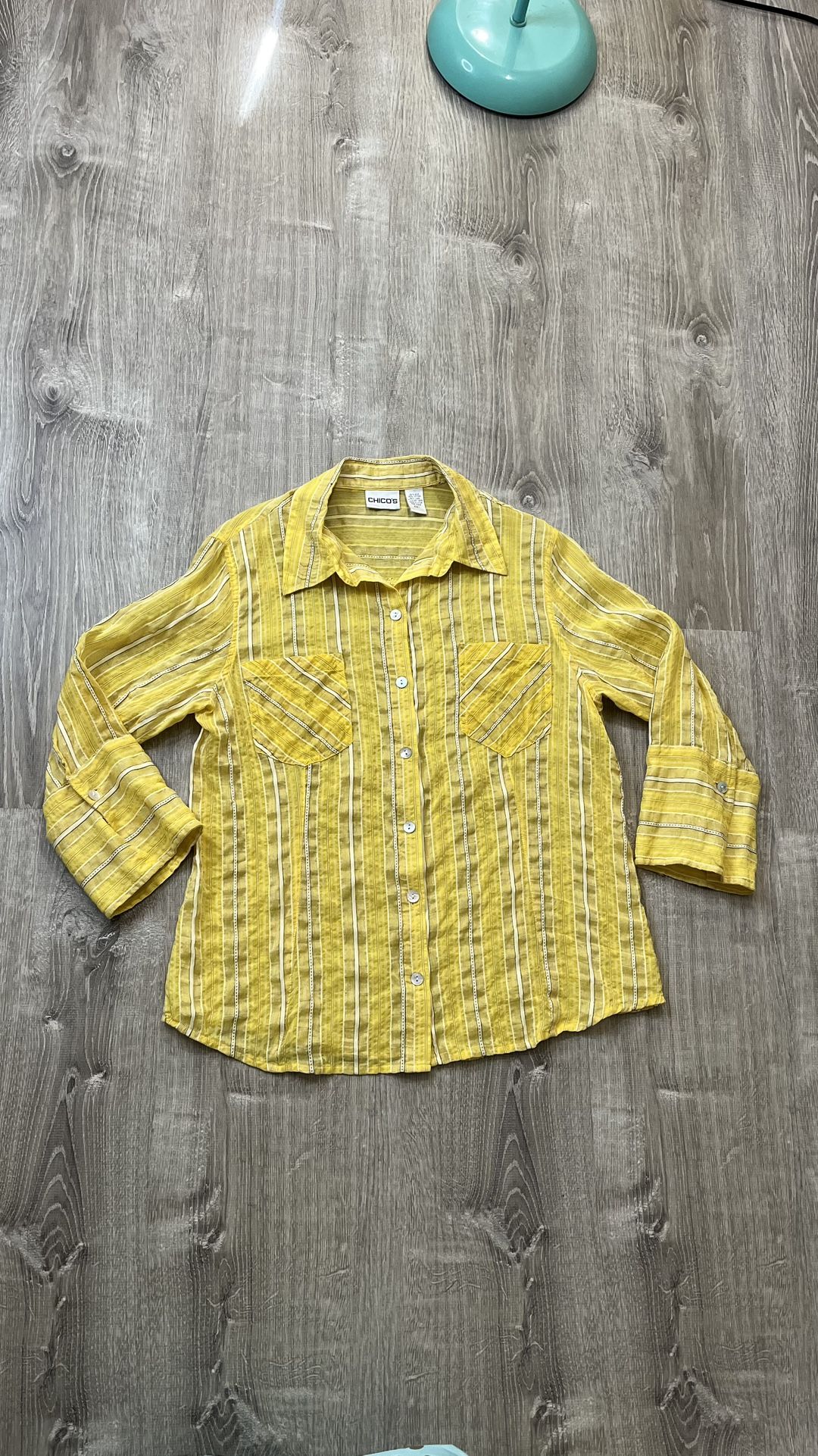 Chicoโs Size 1 Medium Yellow Black White Silk Button Down Blouse Cotton Linen