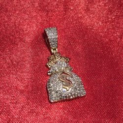 10k Yellow Gold Diamond Money Bag Pendant 5/8 ctw 
