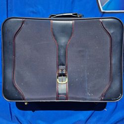 Vintage Blue Leather Suitcase with Red Stitching