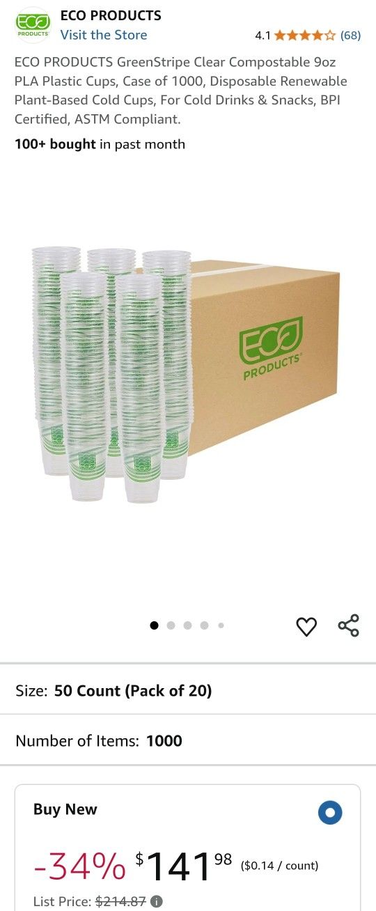 ECO PRODUCTS GreenStripe Clear Compostable 9oz PLA Plastic Cups, Case of 1000, Disposable Renewable Plant-Based Cold Cups, For Cold Drinks & Snacks, B