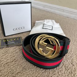 Gucci Red and Green Leather Belt with Gold GG