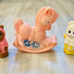 Vintage set 3 Rocking Horse Rattle 50s Kitschy Retro Toys Baby Kids Collectible