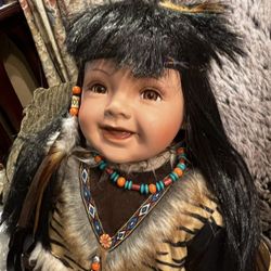Native American Porcelain Doll – 22”+ – Original Clothes & COA – 30+ Years Old 🪶