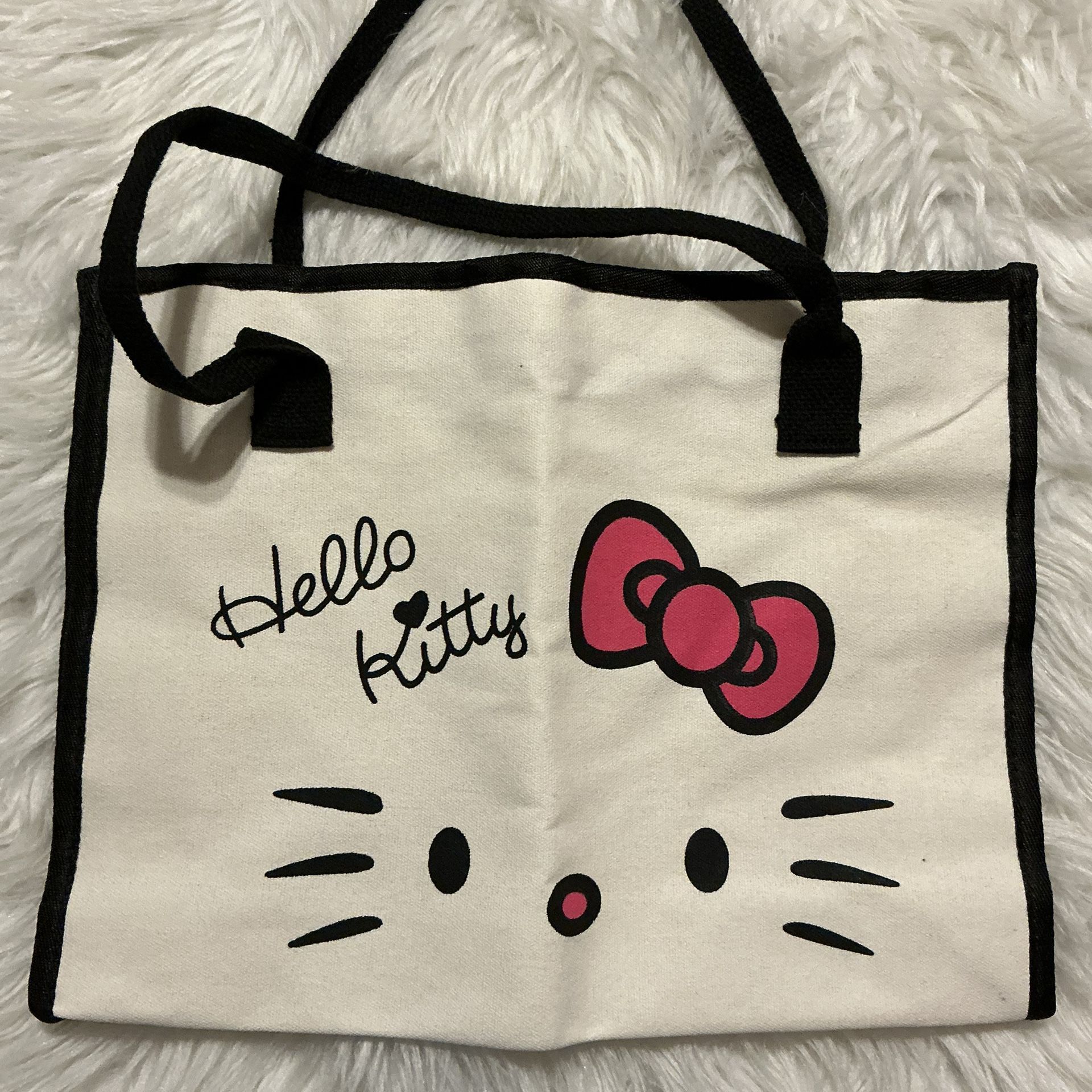 Off white canvas tote bag with black trim and cute kitty