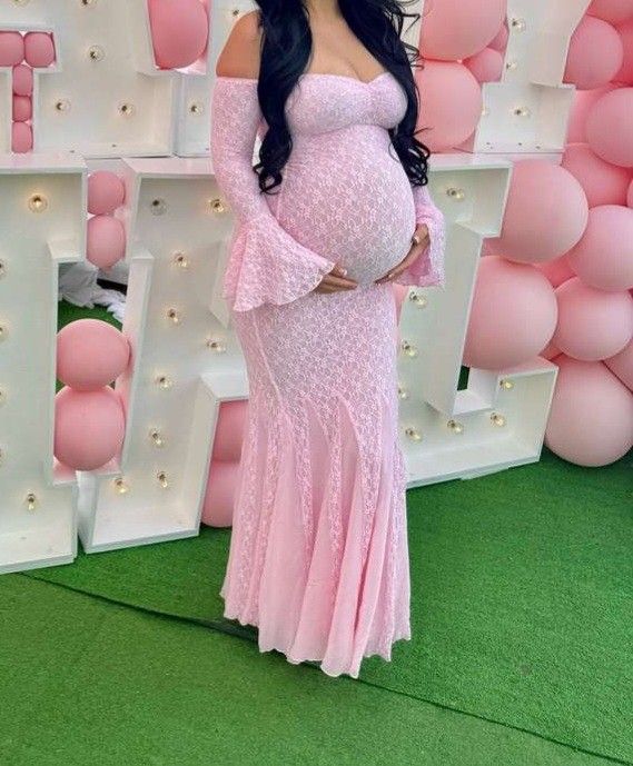 Pink Lace Off Shoulder Mermaid Baby Shower Maternity Maxi Dress