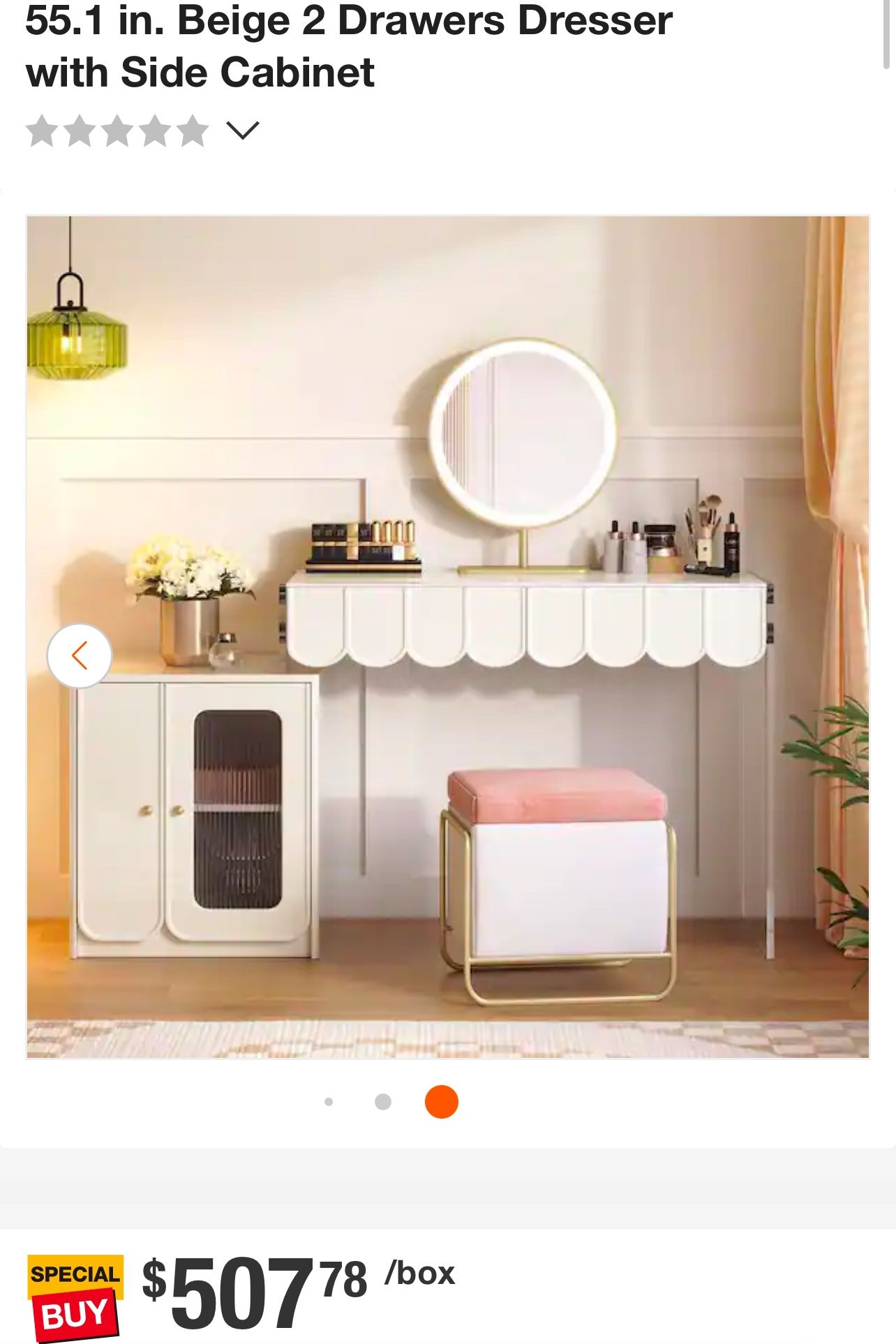 Modern White Makeup Vanity with Drawers & Side Cabinet