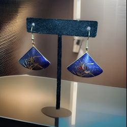 Vintage Cloisonné Fan Shape Flower Gold Tone Dangle Earrings