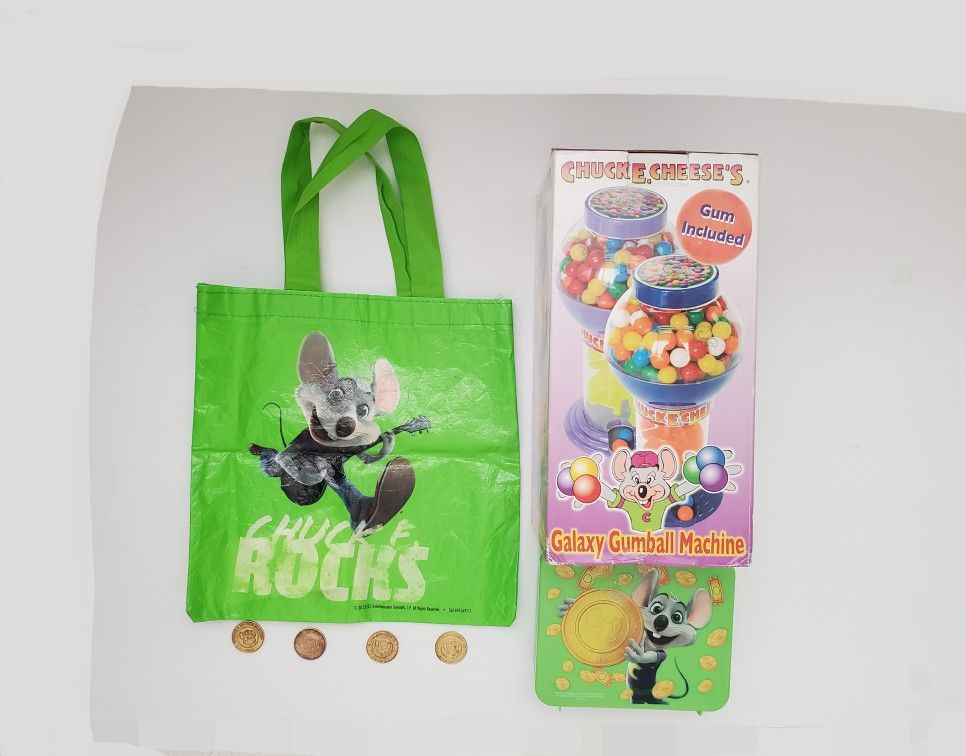 Chuck E Cheese's Tokens, Bag, Lunch Box & Gumball Machine
