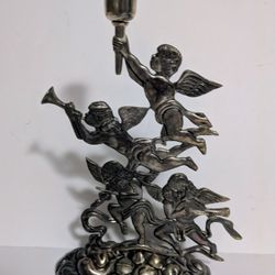 Candle Holder Silver Cherub Angels Playing Musical Instruments 10" H x 6" Base