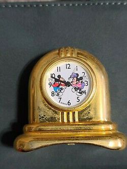 Disney Miniature Mantel Clock Brass Quartz Mickey Mouse Minnie Mouse