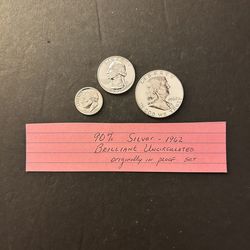 Coins – SILVER - Brilliant Uncirculated 90% SILVER  – originally Part of 1962 Proof Set – Total 3 Coins