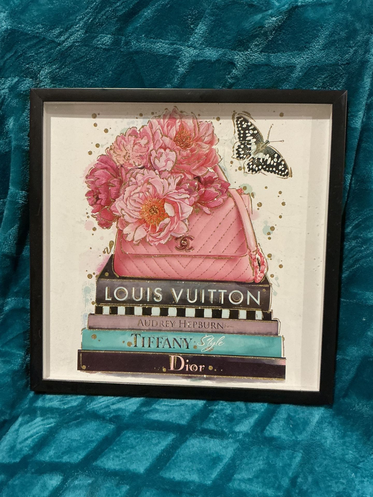 Louis Vuitton Fashion Bag N Books Print. Pink, Blue, Gold. Framed. 14βX14β.