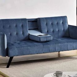 Modern Futon Sofa Bed w/ Cup Holders – Mist Blue