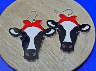 Cow Face Dangle Earrings with Red Bow