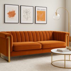 ✨ Modern Burnt Orange Velvet Sofa – Like New!