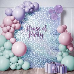 HOUSE OF PARTY Rainbow Blue Shimmer Wall Backdrop - 8 Pcs Square Sequin Wall Panels Shimmer Backdrop, Wall Decor for Birthday Decorations, Wedding & B