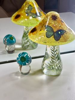Two Epoxy Mushrooms w/ Flowers and Butterflies