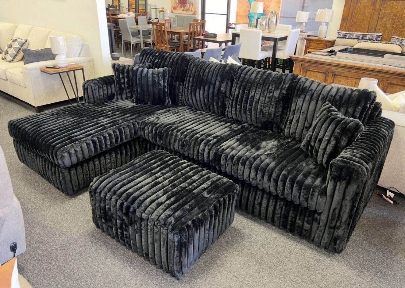 Black Corduroy Sectional Couch With Ottoman