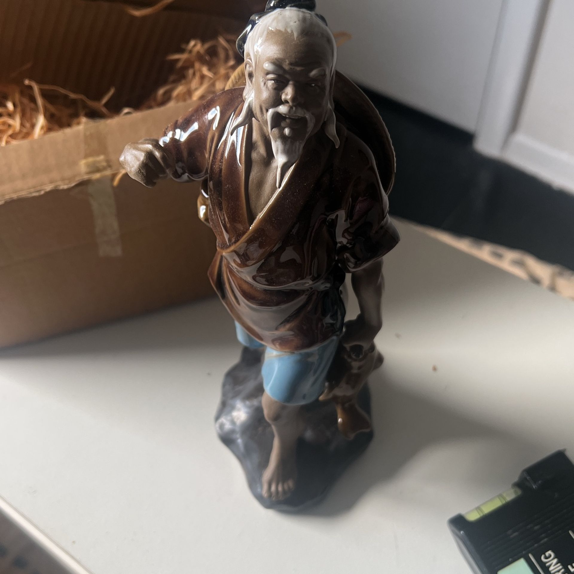 Vintage Hand Painted Shiwan Mudman Figurine Chinese Figure/Fisherman 10” Rare